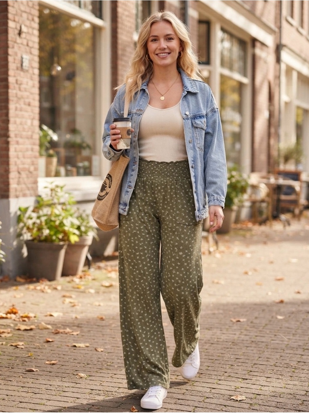 Wide-Leg Olive Green Floral Pants - Women